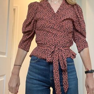 Doen Orange Puff Sleeve Wrap Blouse